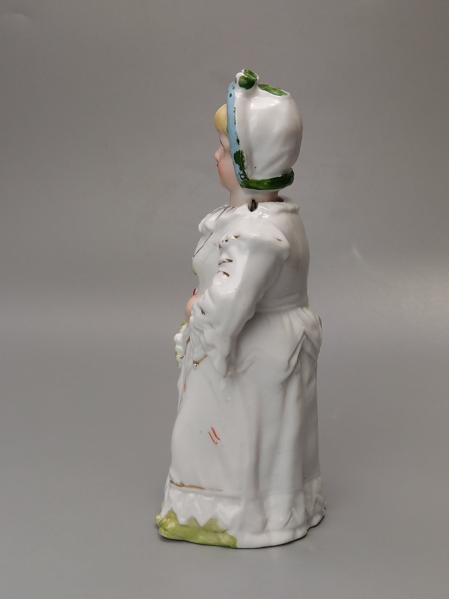 Nodding head figurine Girl in harlequin costume German Bisque porcelain