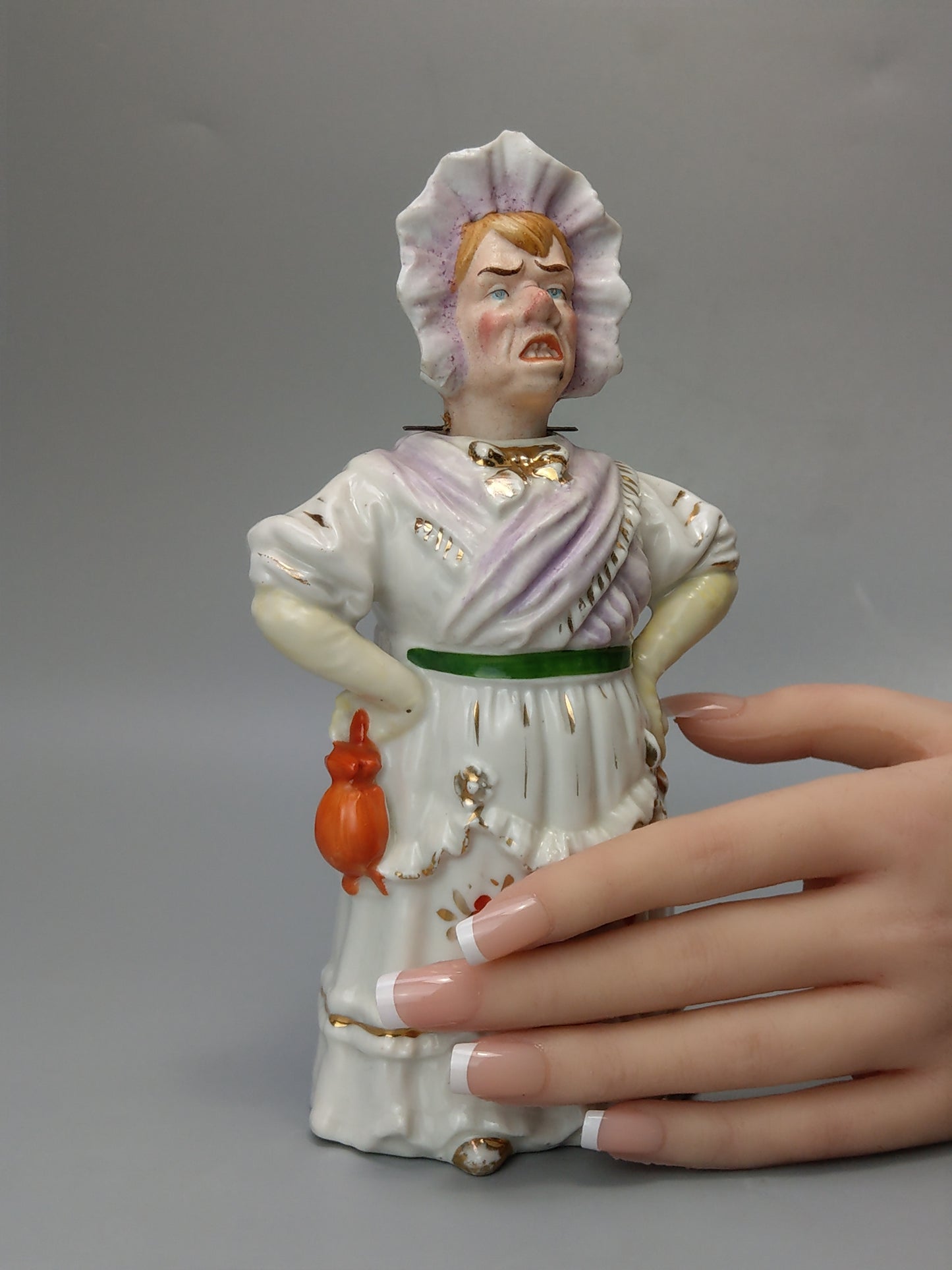 Nodding Head Figurine Lady in Bonnet, German Bisque Porcelain