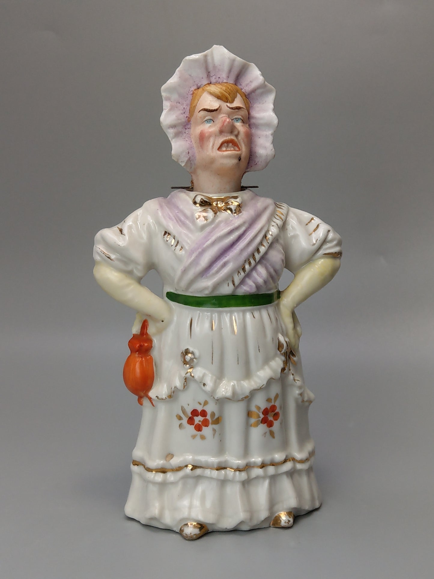 Nodding Head Figurine Lady in Bonnet, German Bisque Porcelain