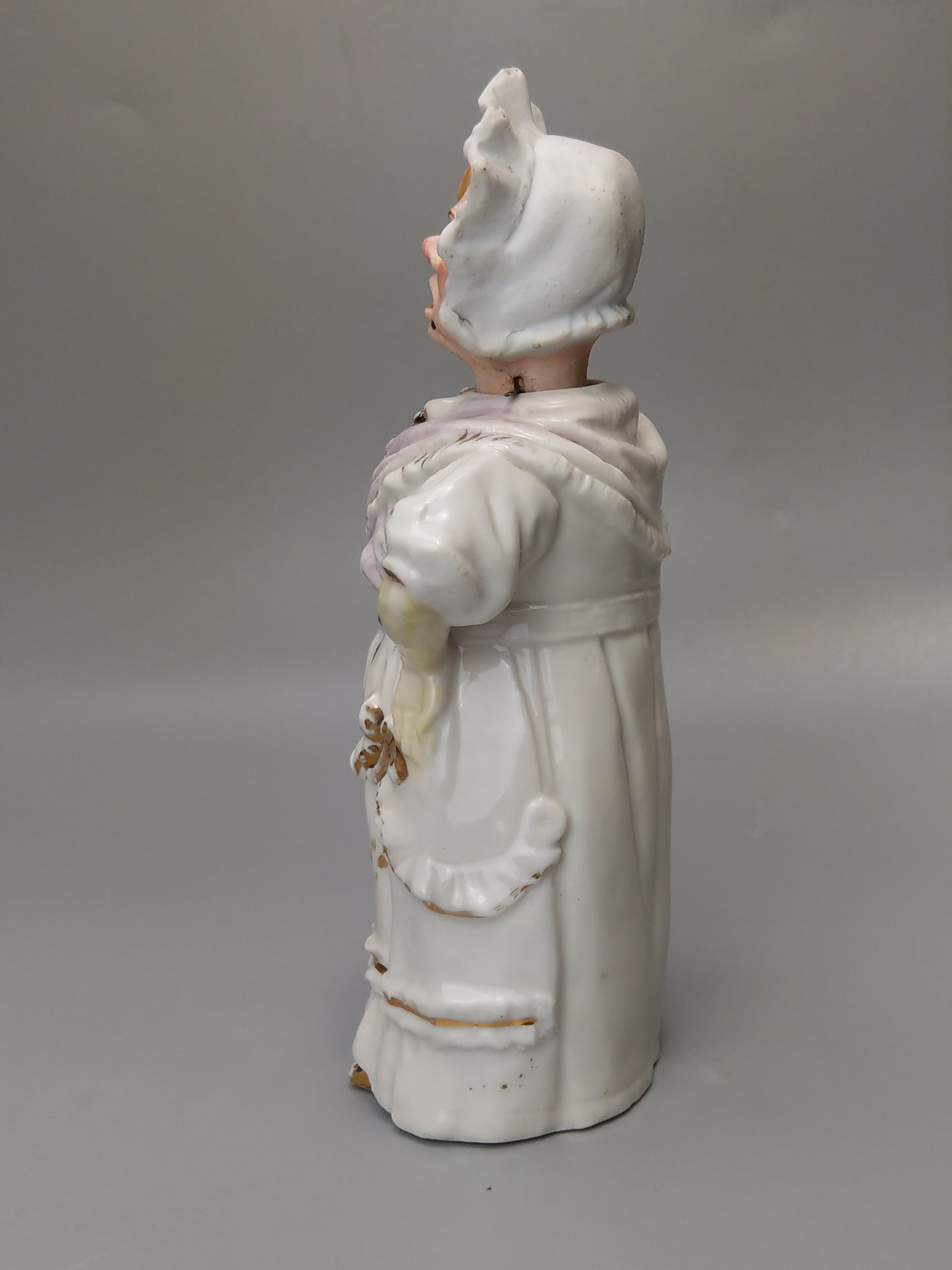 Nodding Head Figurine Lady in Bonnet, German Bisque Porcelain