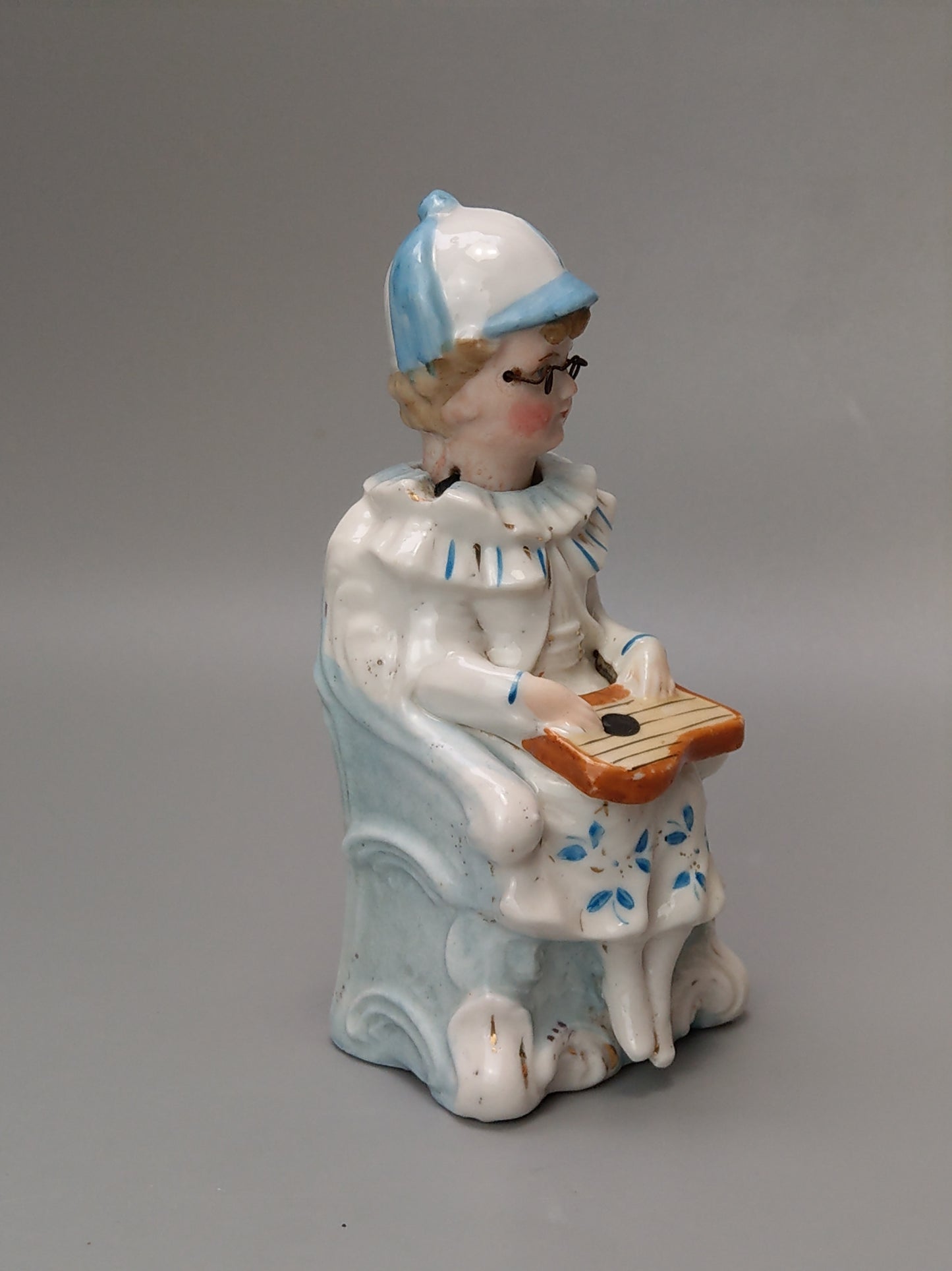 Nodding Head Figurine Girl with Lap Harp German Bisque Porcelain