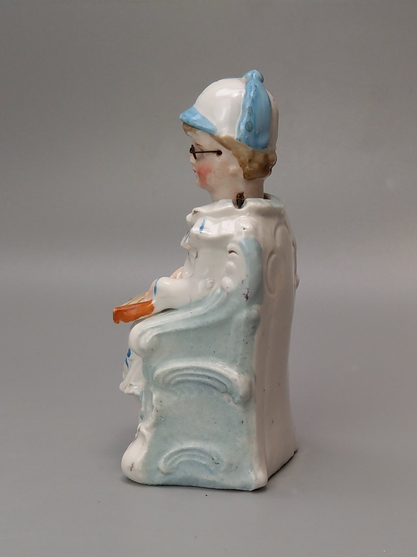 Nodding Head Figurine Girl with Lap Harp German Bisque Porcelain