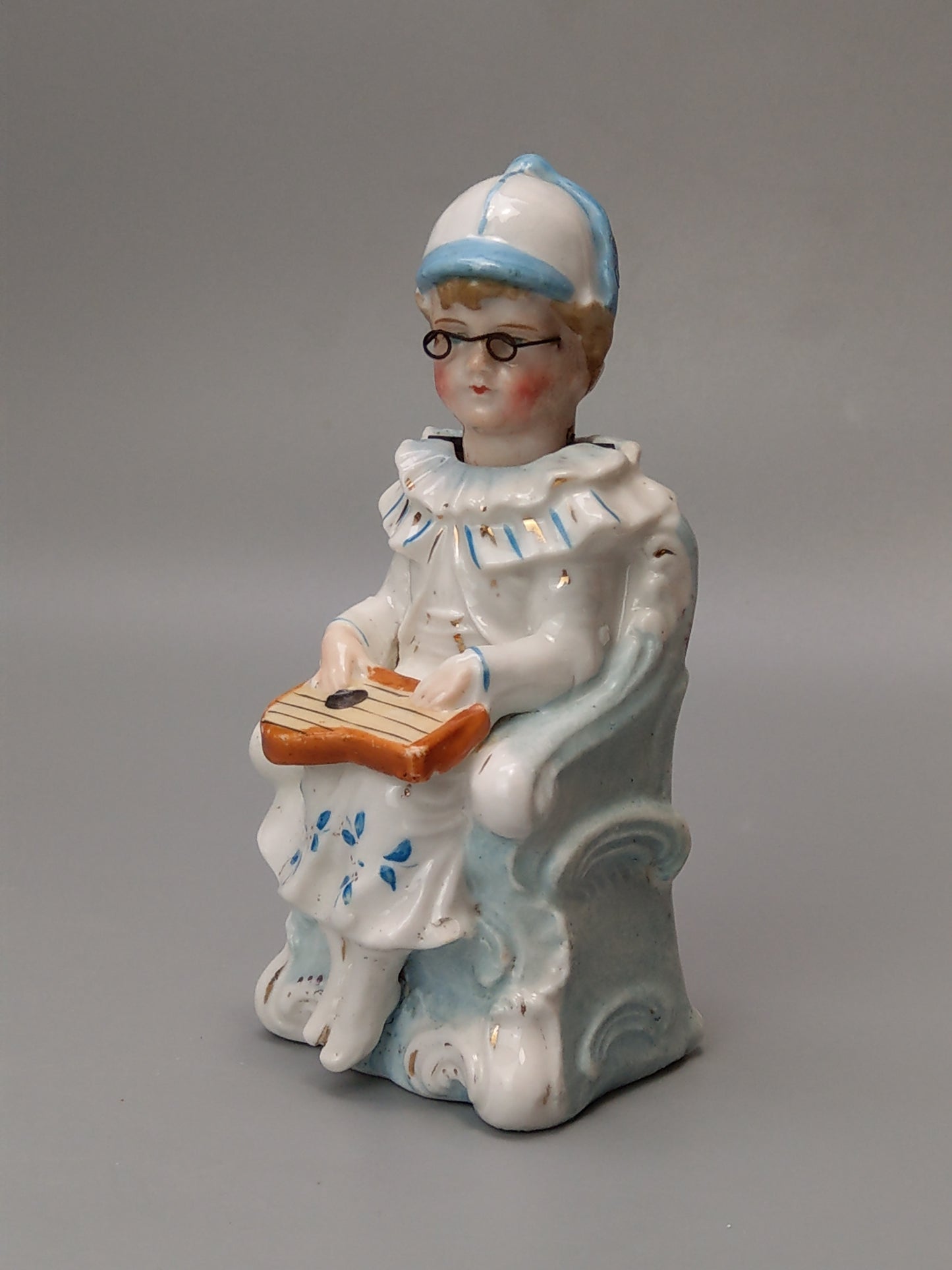 Nodding Head Figurine Girl with Lap Harp German Bisque Porcelain