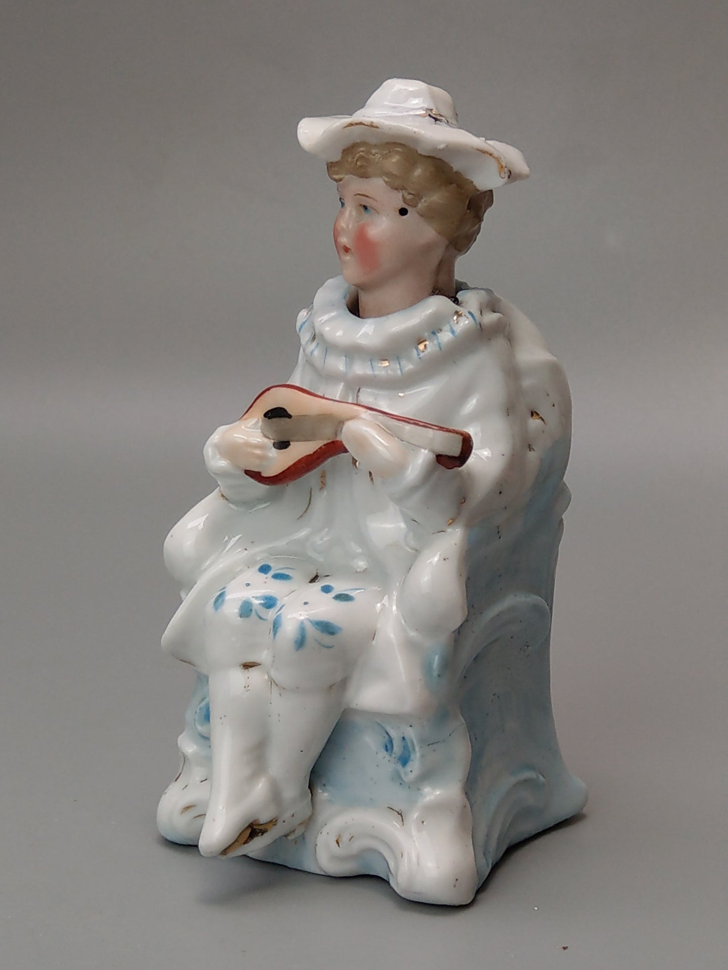 Nodding Head Figurine Boy with Mandolin German Bisque Porcelain