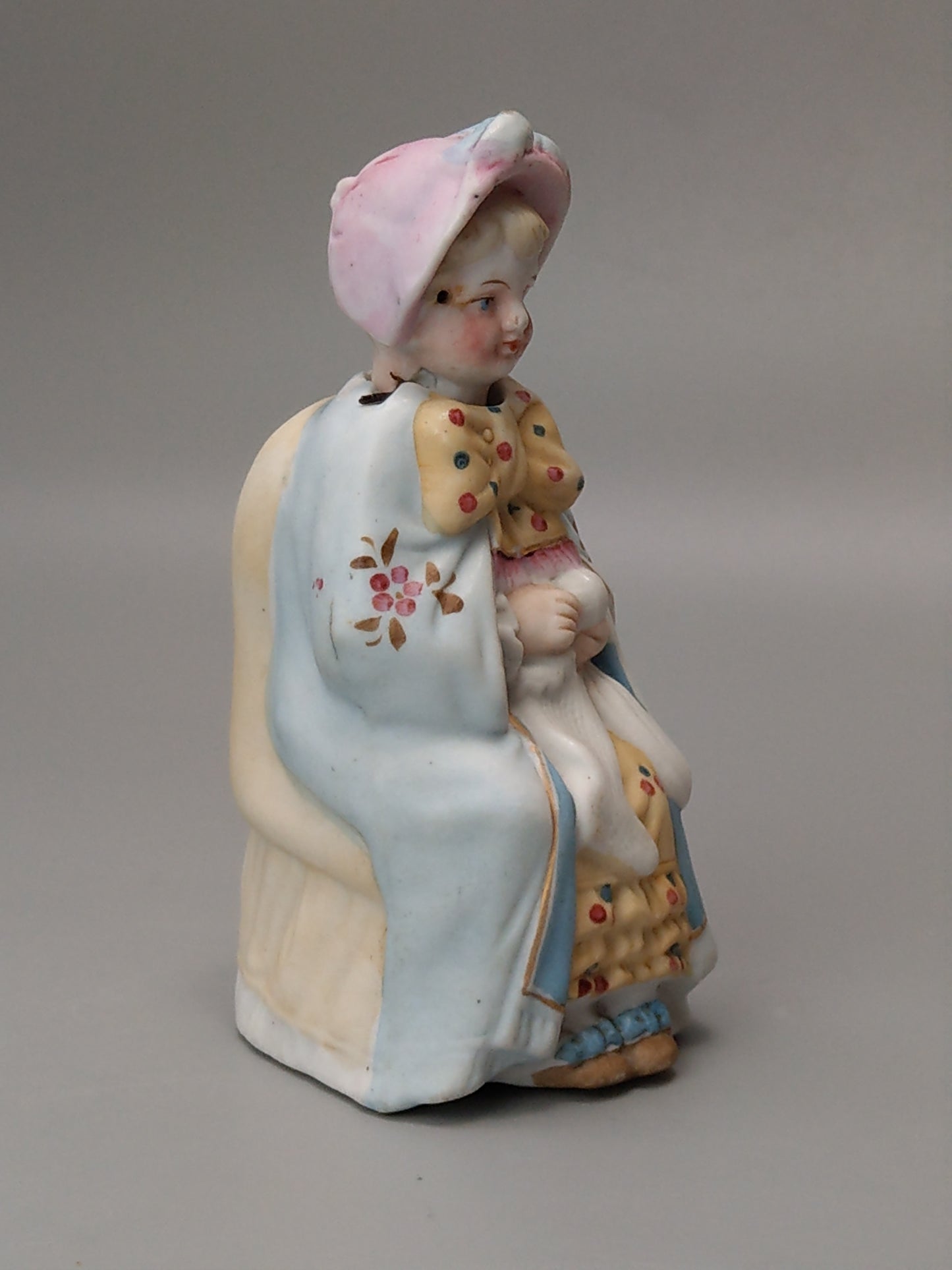 Nodding Head Figurine Girl Knitting German Bisque Porcelain