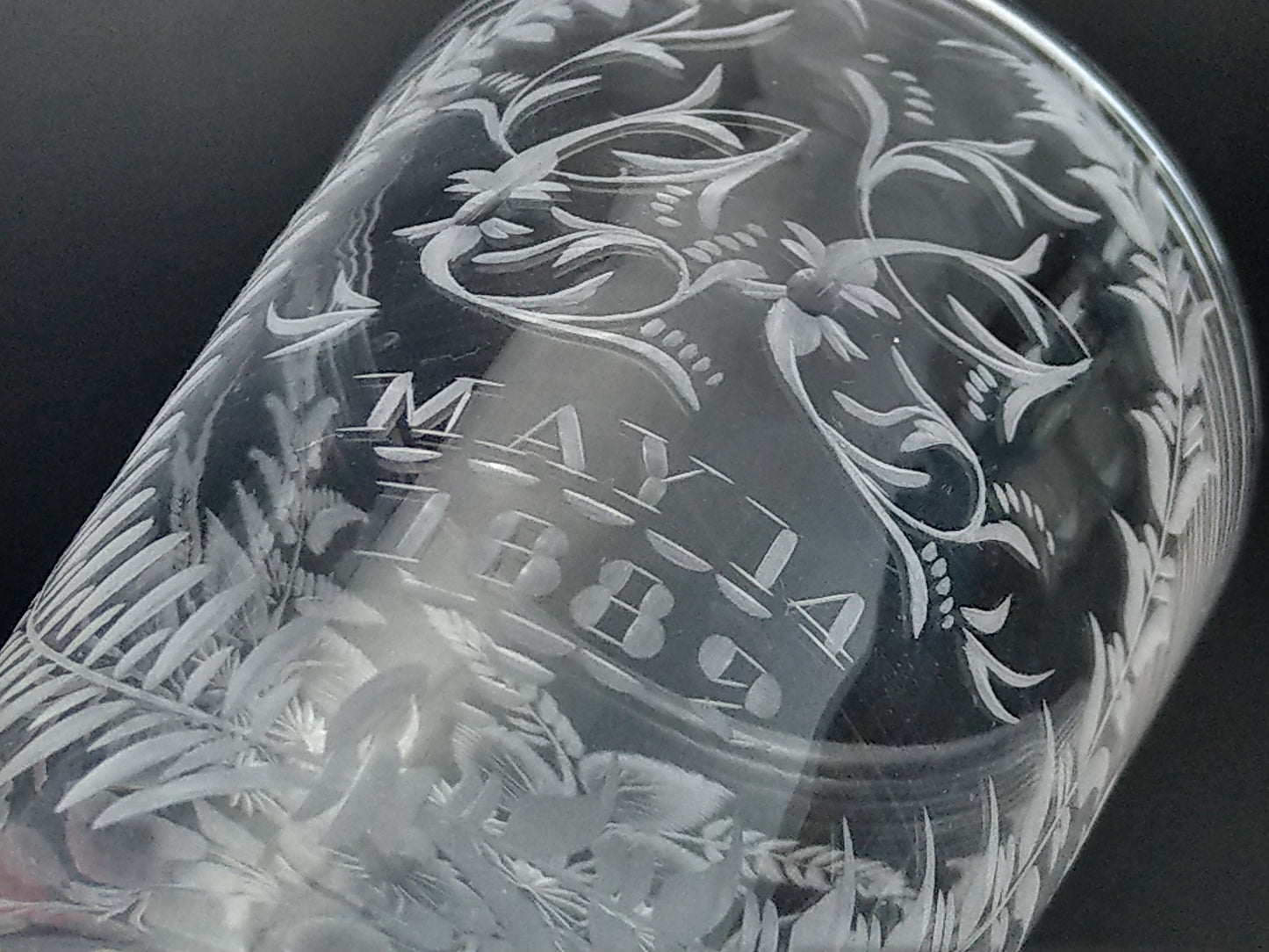 Victorian etched glasses beaker with floral pattern dated May 14 1882