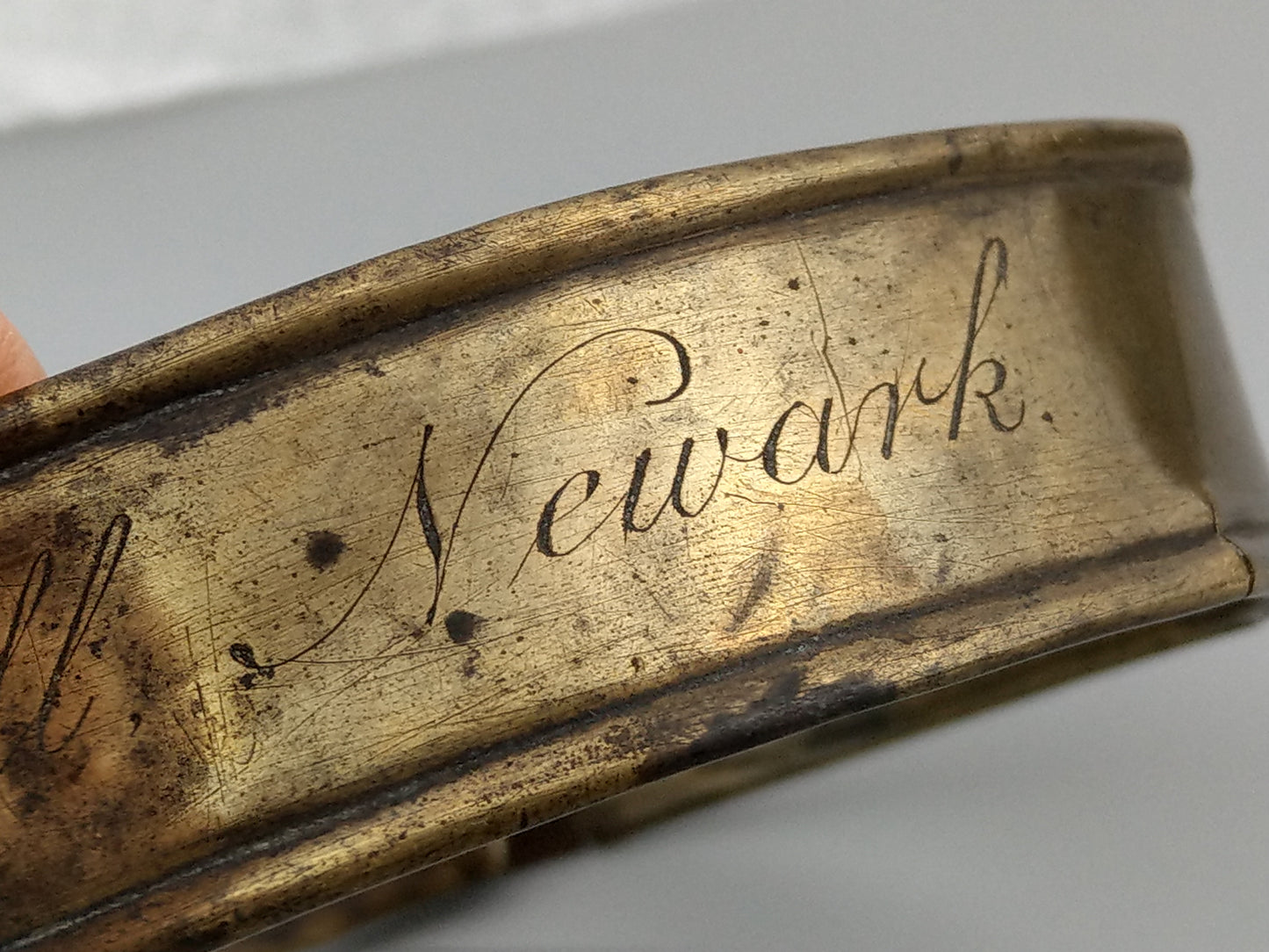 Early English sheet brass dog collar, late 18th century, engraved H. Hall Newark