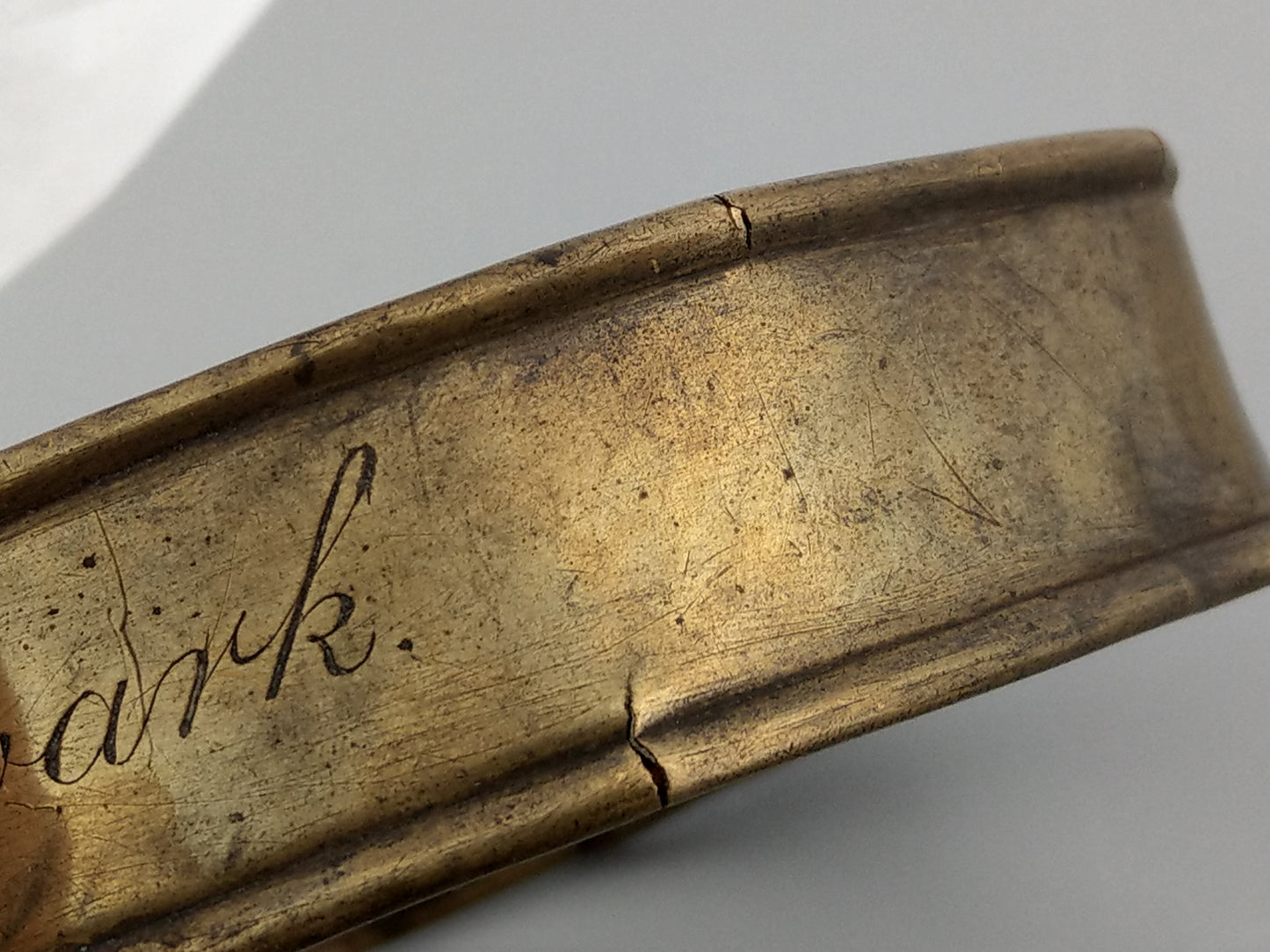 Early English sheet brass dog collar, late 18th century, engraved H. Hall Newark