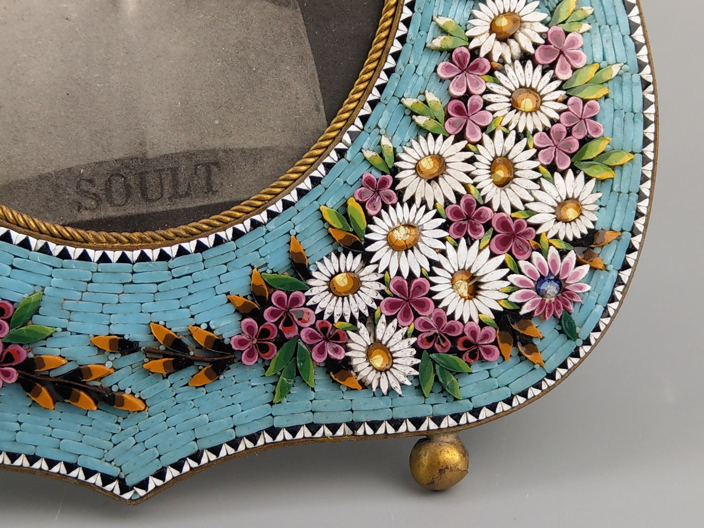 Antique Italian Micro Mosaic Large photo frame Shield shaped with turquoise background and flowers