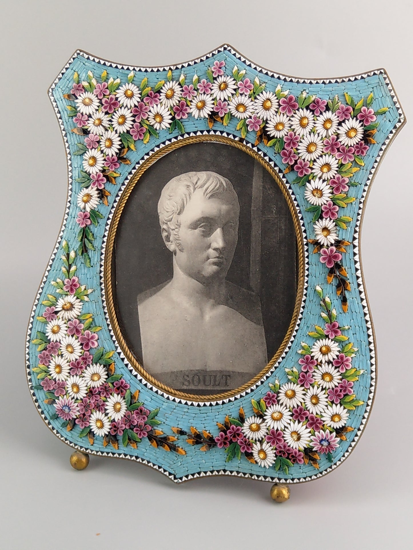 Antique Italian Micro Mosaic Large photo frame Shield shaped with turquoise background and flowers