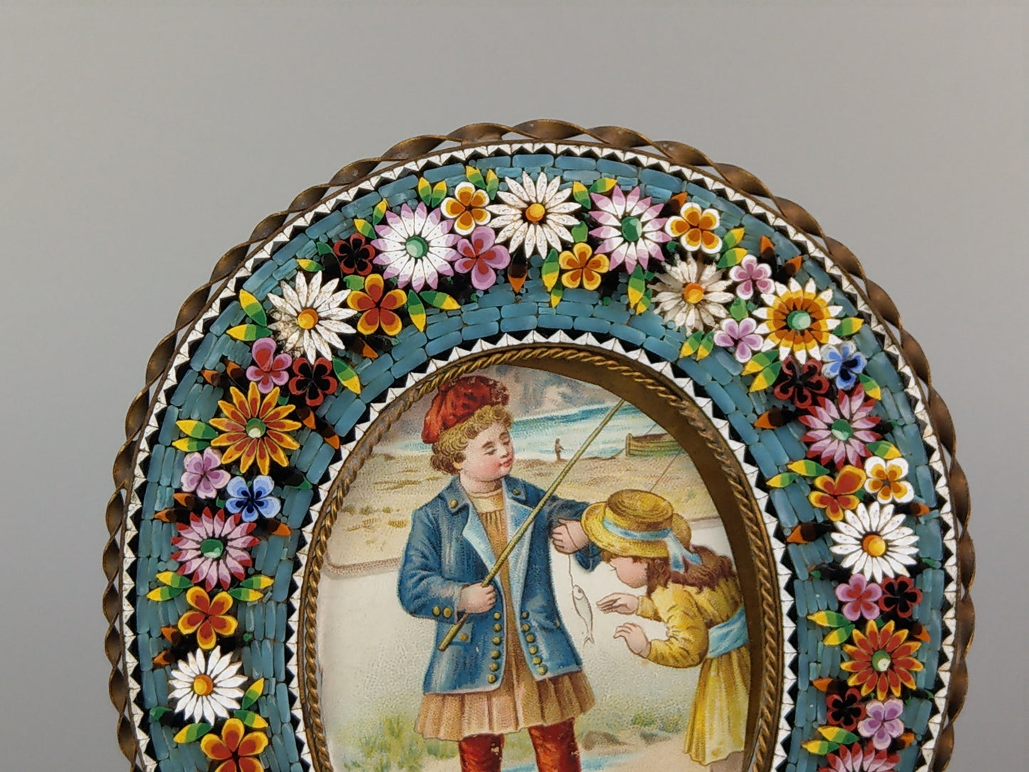 Antique Italian Micro Mosaic photo frame Collar shaped with turquoise background and flowers