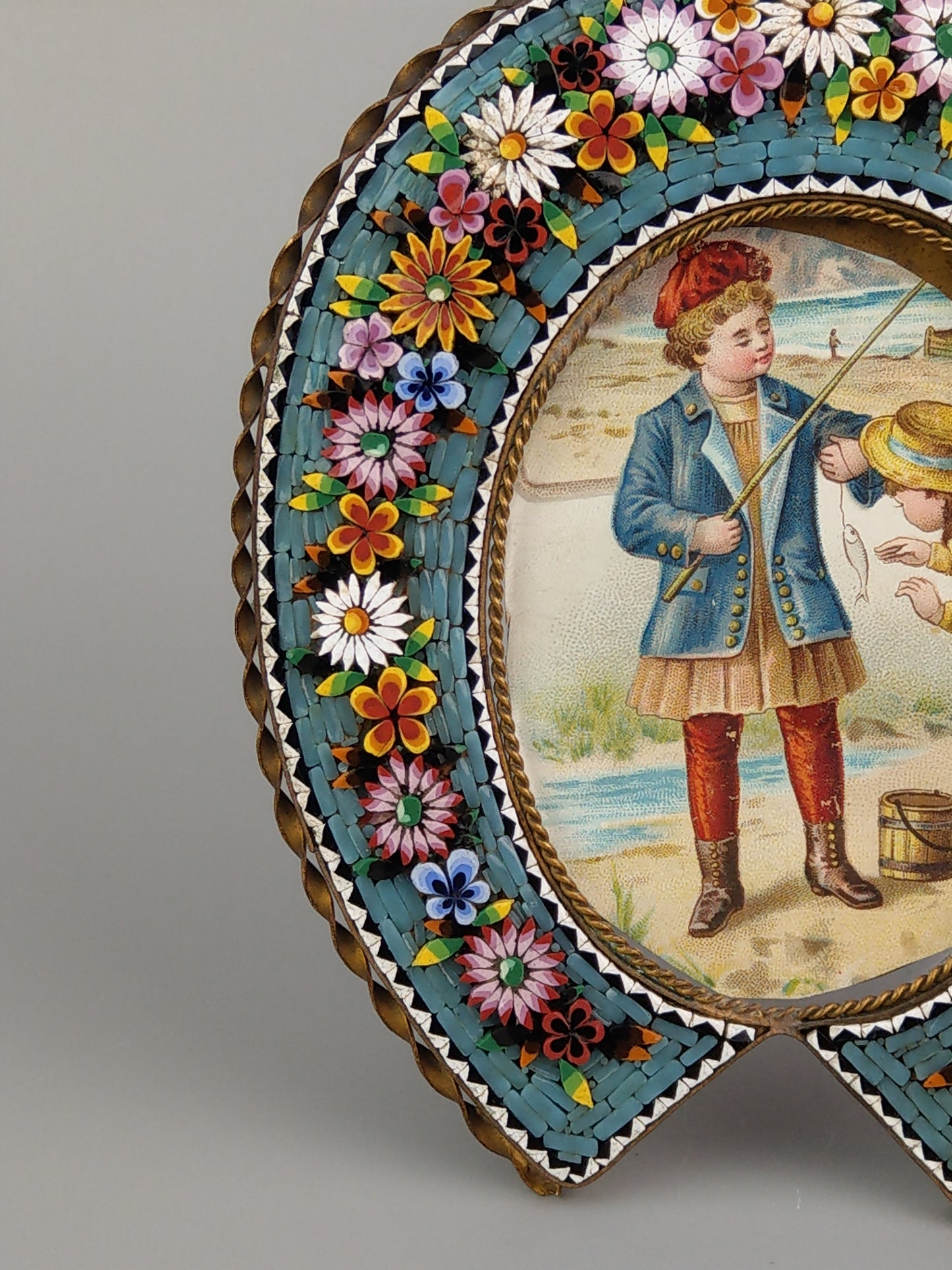 Antique Italian Micro Mosaic photo frame Collar shaped with turquoise background and flowers