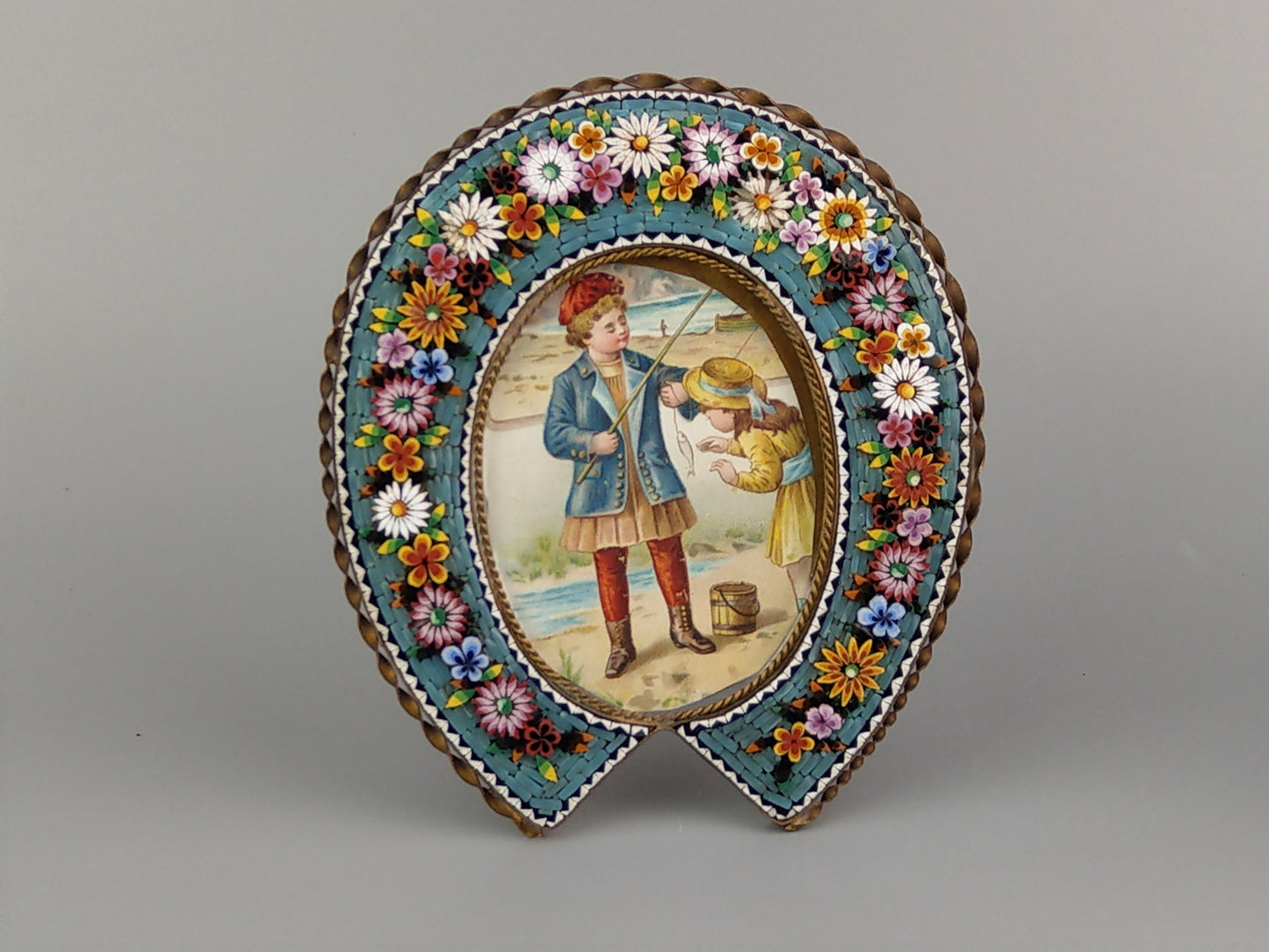 Antique Italian Micro Mosaic photo frame Collar shaped with turquoise background and flowers