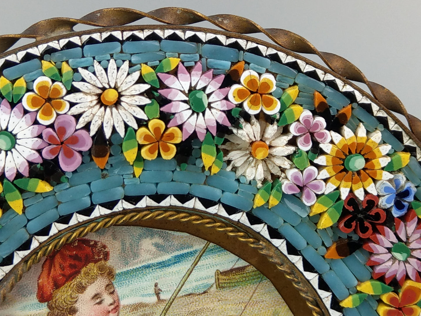 Antique Italian Micro Mosaic photo frame Collar shaped with turquoise background and flowers