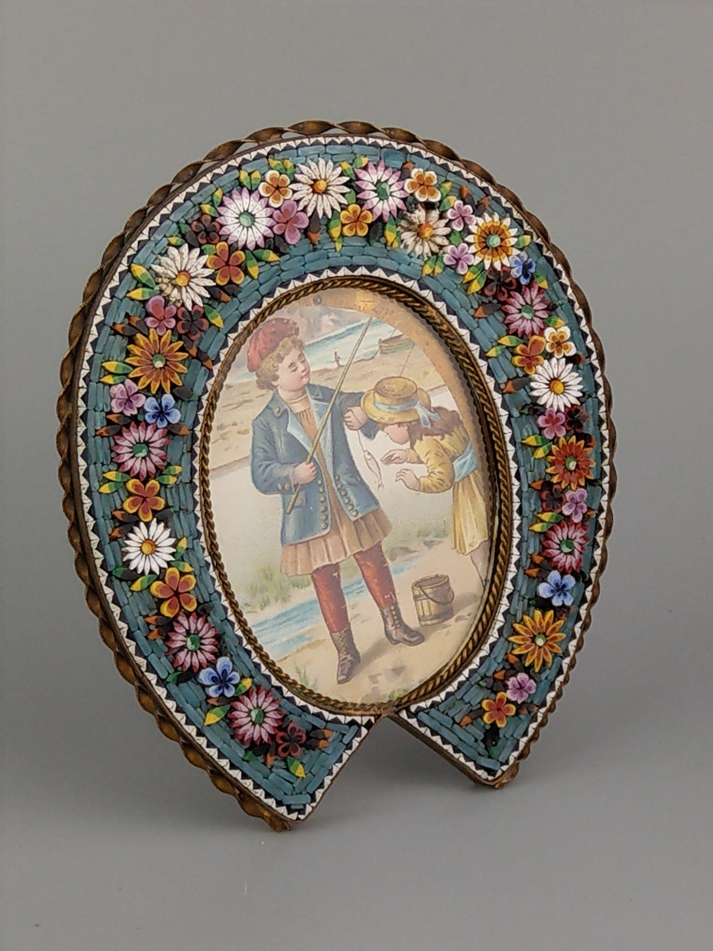 Antique Italian Micro Mosaic photo frame Collar shaped with turquoise background and flowers