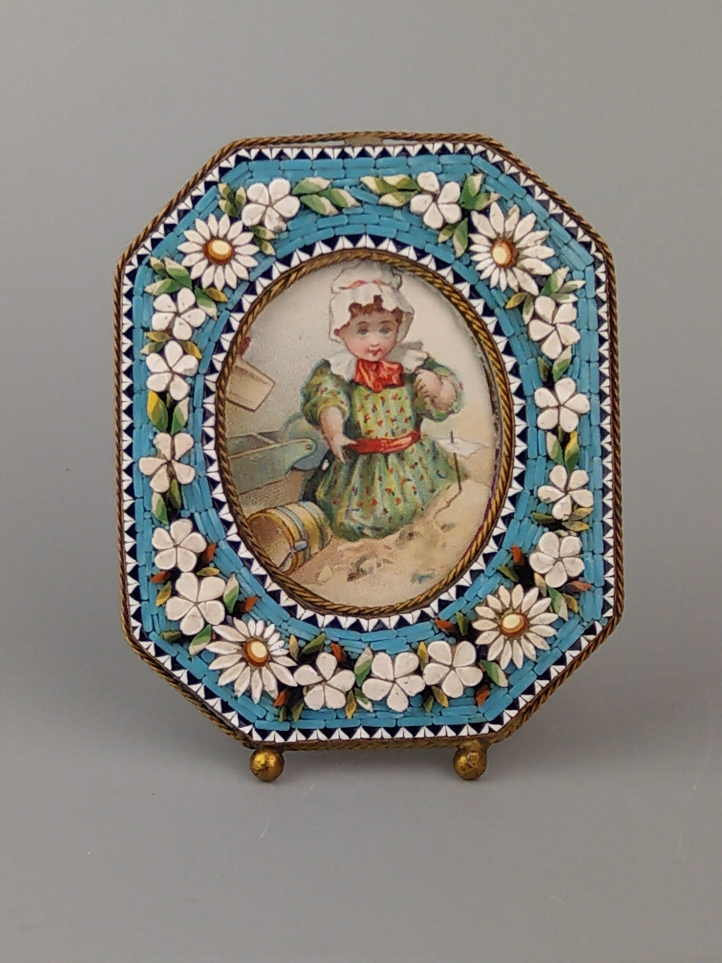 Antique Italian Micro Mosaic Small photo frame Octagonal shaped with turquoise background and flowers