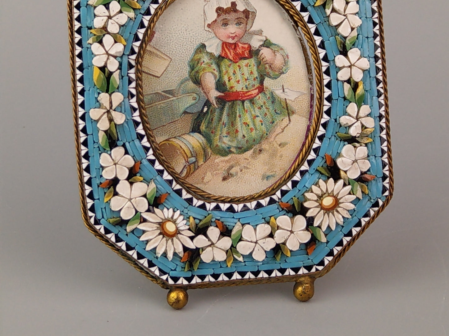 Antique Italian Micro Mosaic Small photo frame Octagonal shaped with turquoise background and flowers