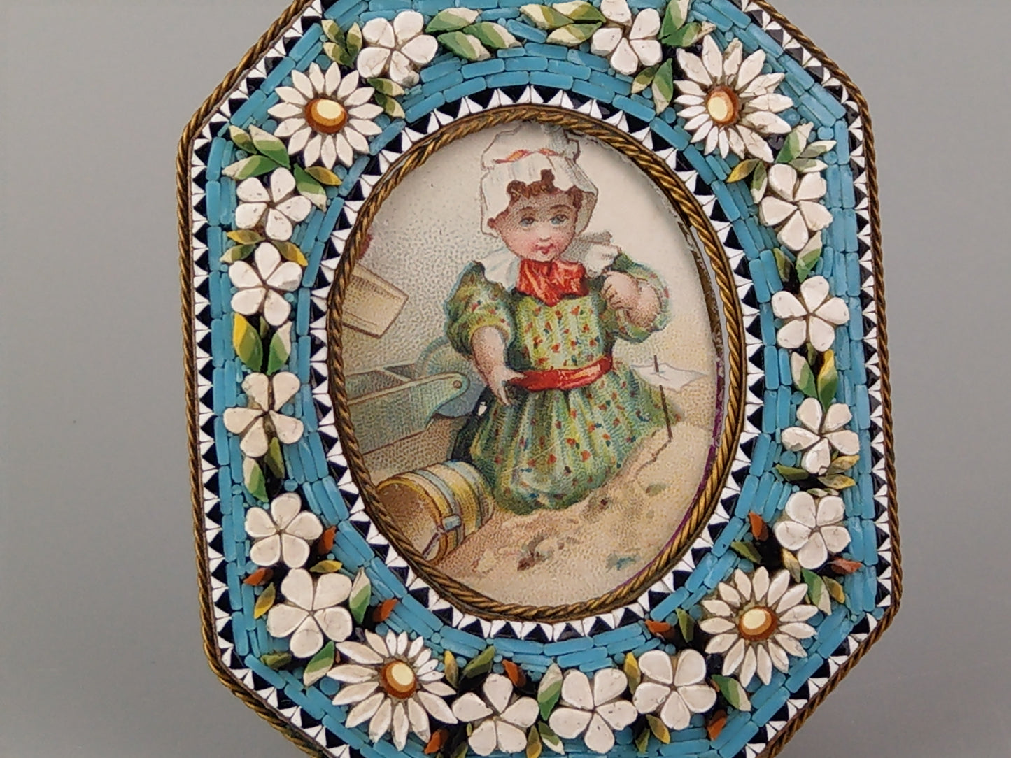 Antique Italian Micro Mosaic Small photo frame Octagonal shaped with turquoise background and flowers