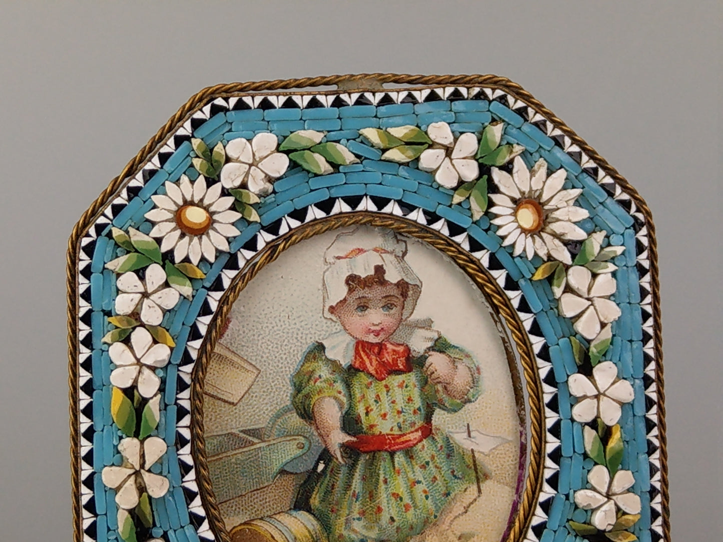 Antique Italian Micro Mosaic Small photo frame Octagonal shaped with turquoise background and flowers