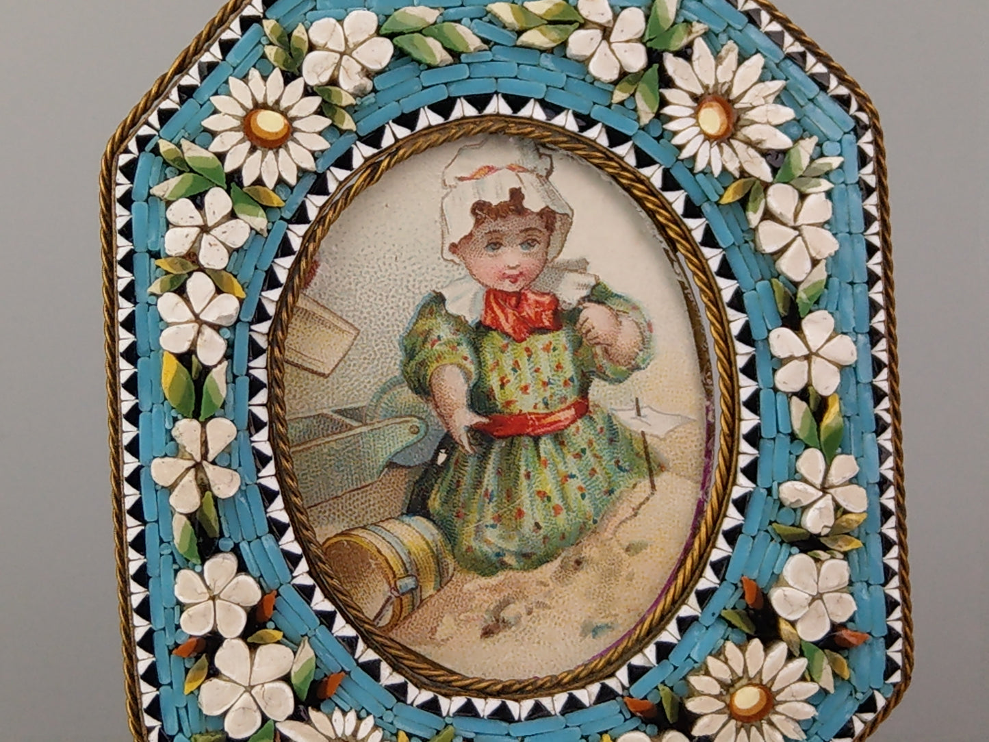 Antique Italian Micro Mosaic Small photo frame Octagonal shaped with turquoise background and flowers