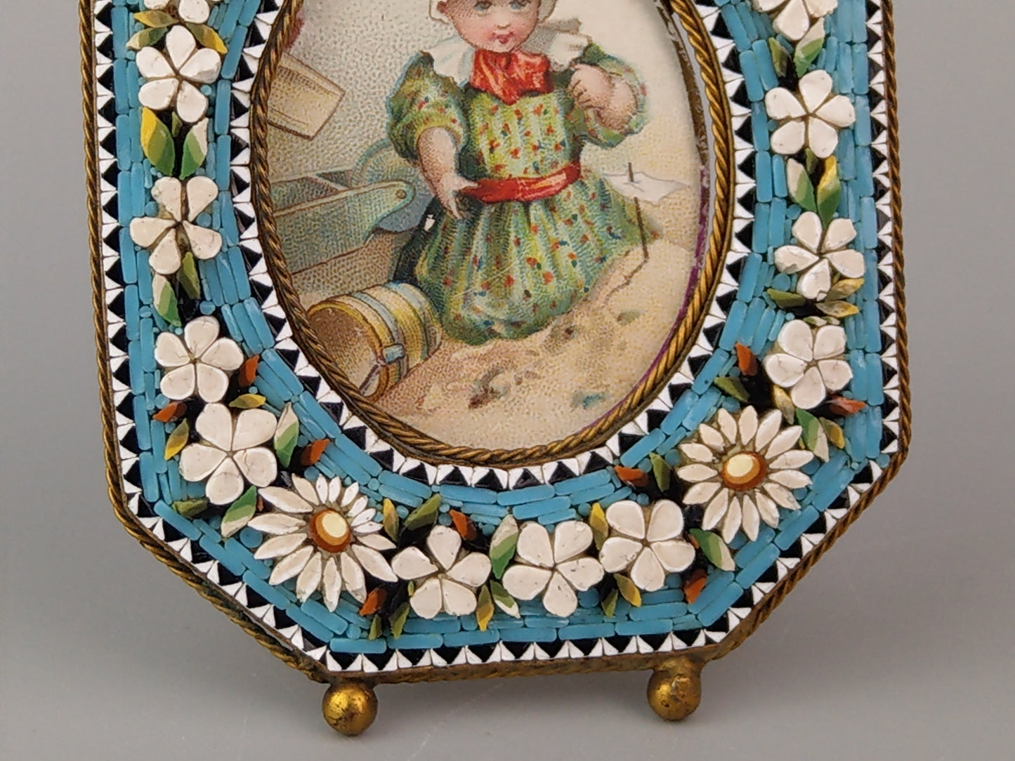 Antique Italian Micro Mosaic Small photo frame Octagonal shaped with turquoise background and flowers