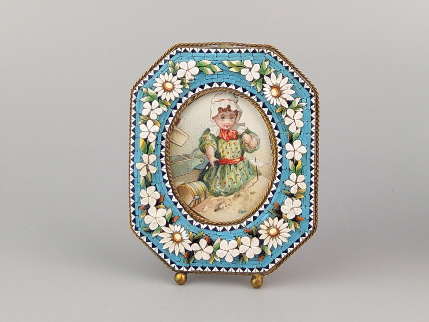 Antique Italian Micro Mosaic Small photo frame Octagonal shaped with turquoise background and flowers