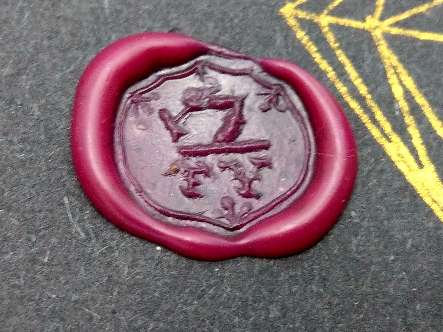 Antique Wax Seal Shield-Shaped Family Crest with Arm Holding Hammer and Monogram T.Y