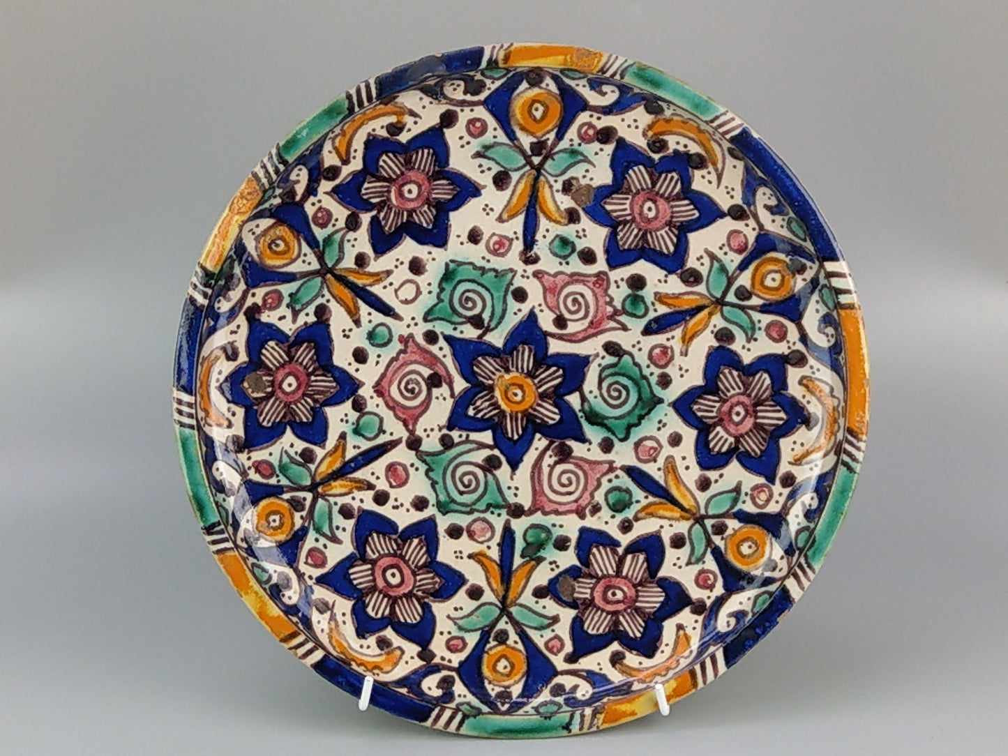 Antique Moroccan dish Floral Earthenware Enamelled signed Fez