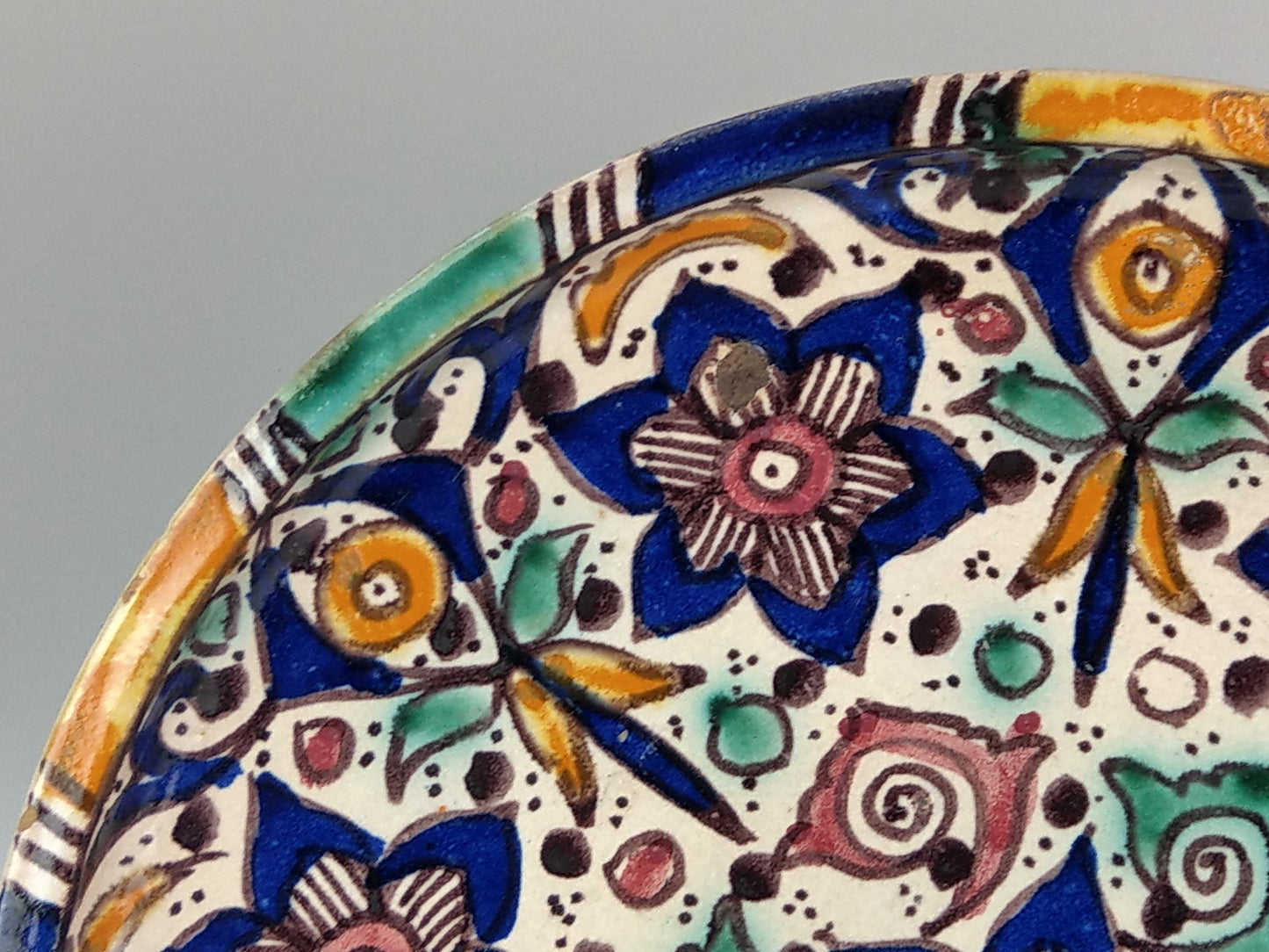 Antique Moroccan dish Floral Earthenware Enamelled signed Fez