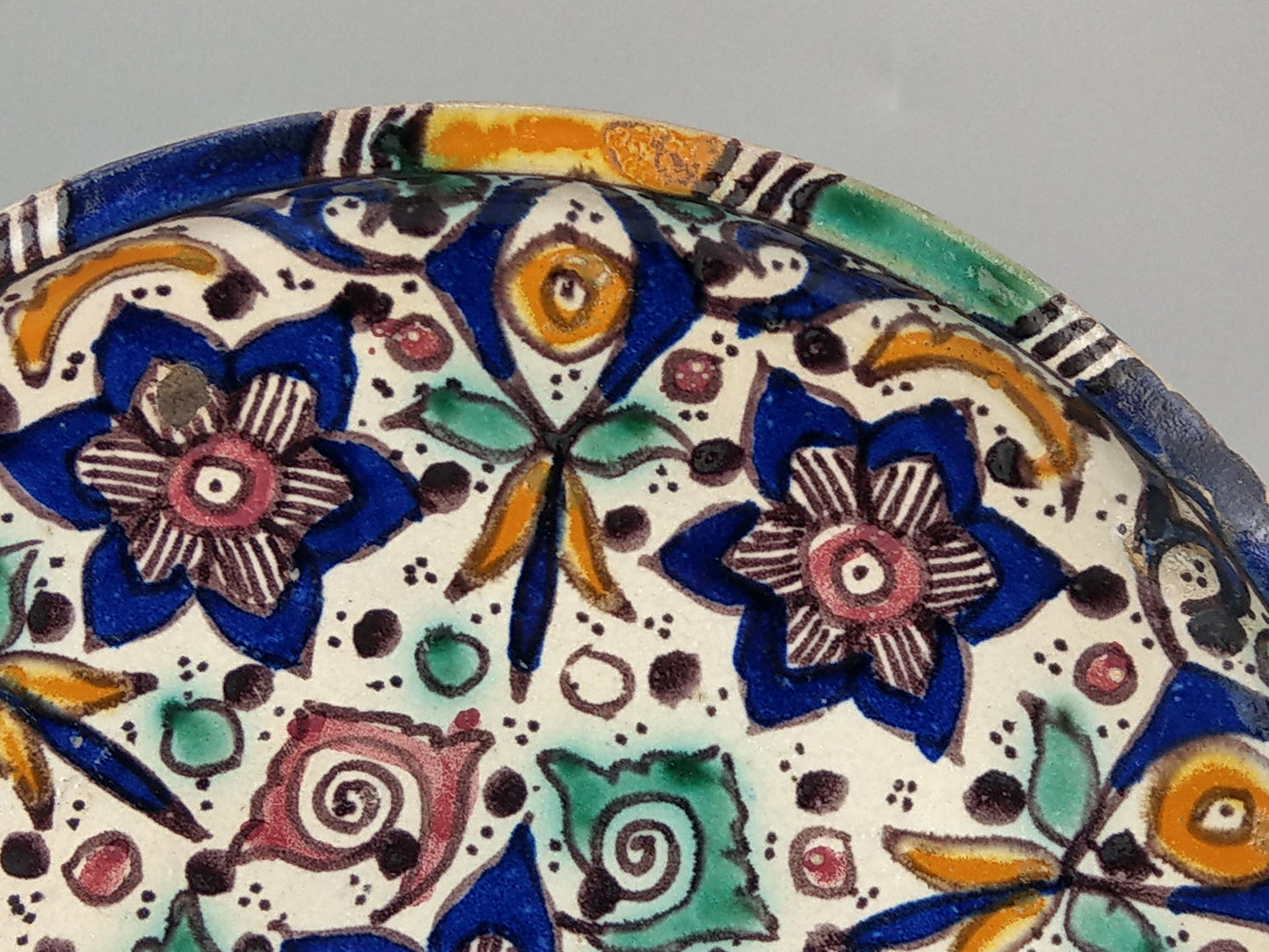 Antique Moroccan dish Floral Earthenware Enamelled signed Fez