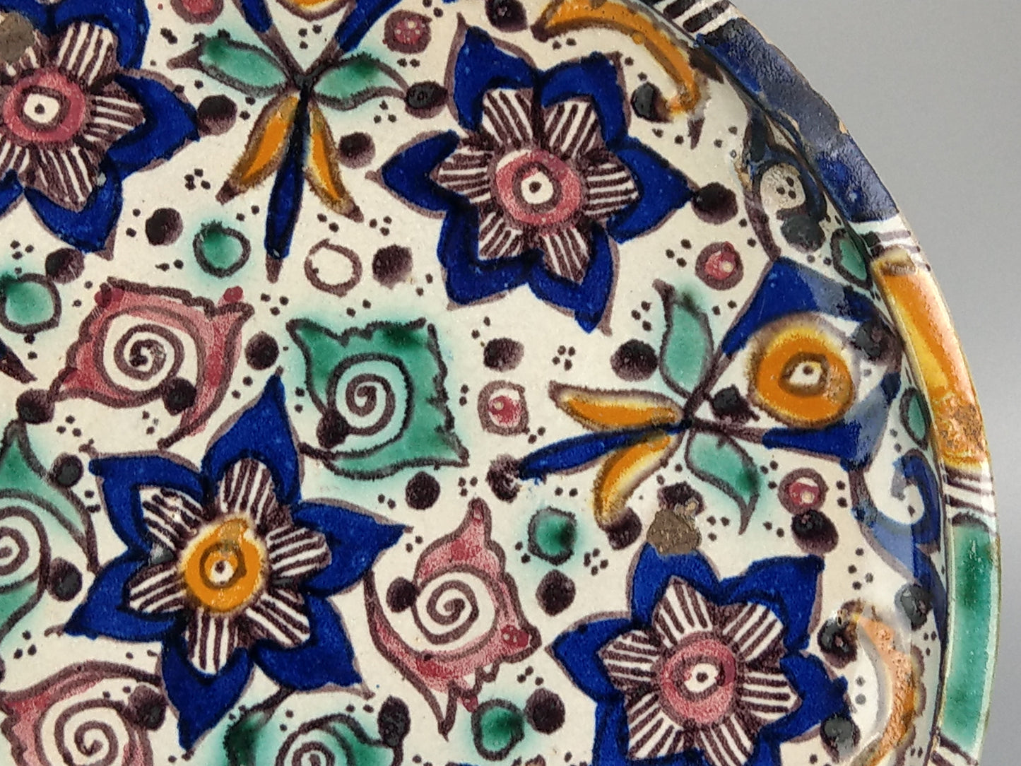 Antique Moroccan dish Floral Earthenware Enamelled signed Fez