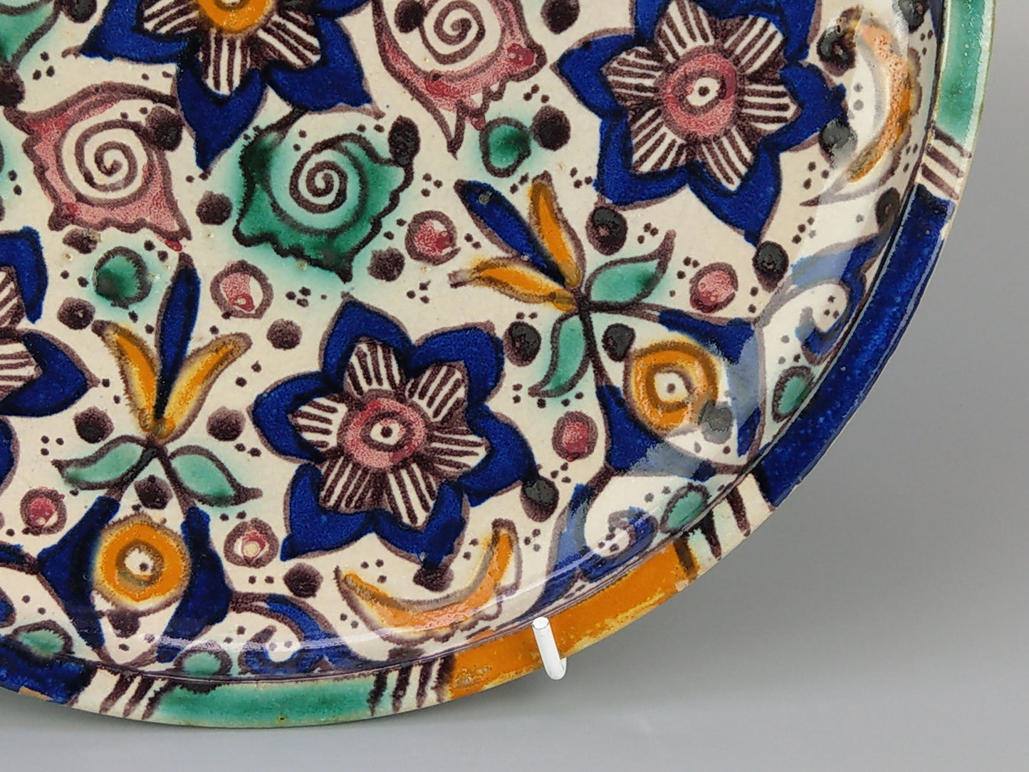 Antique Moroccan dish Floral Earthenware Enamelled signed Fez