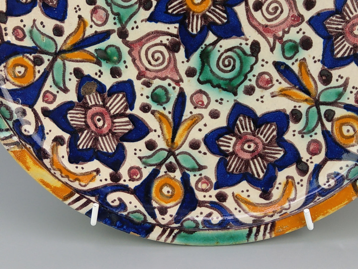 Antique Moroccan dish Floral Earthenware Enamelled signed Fez