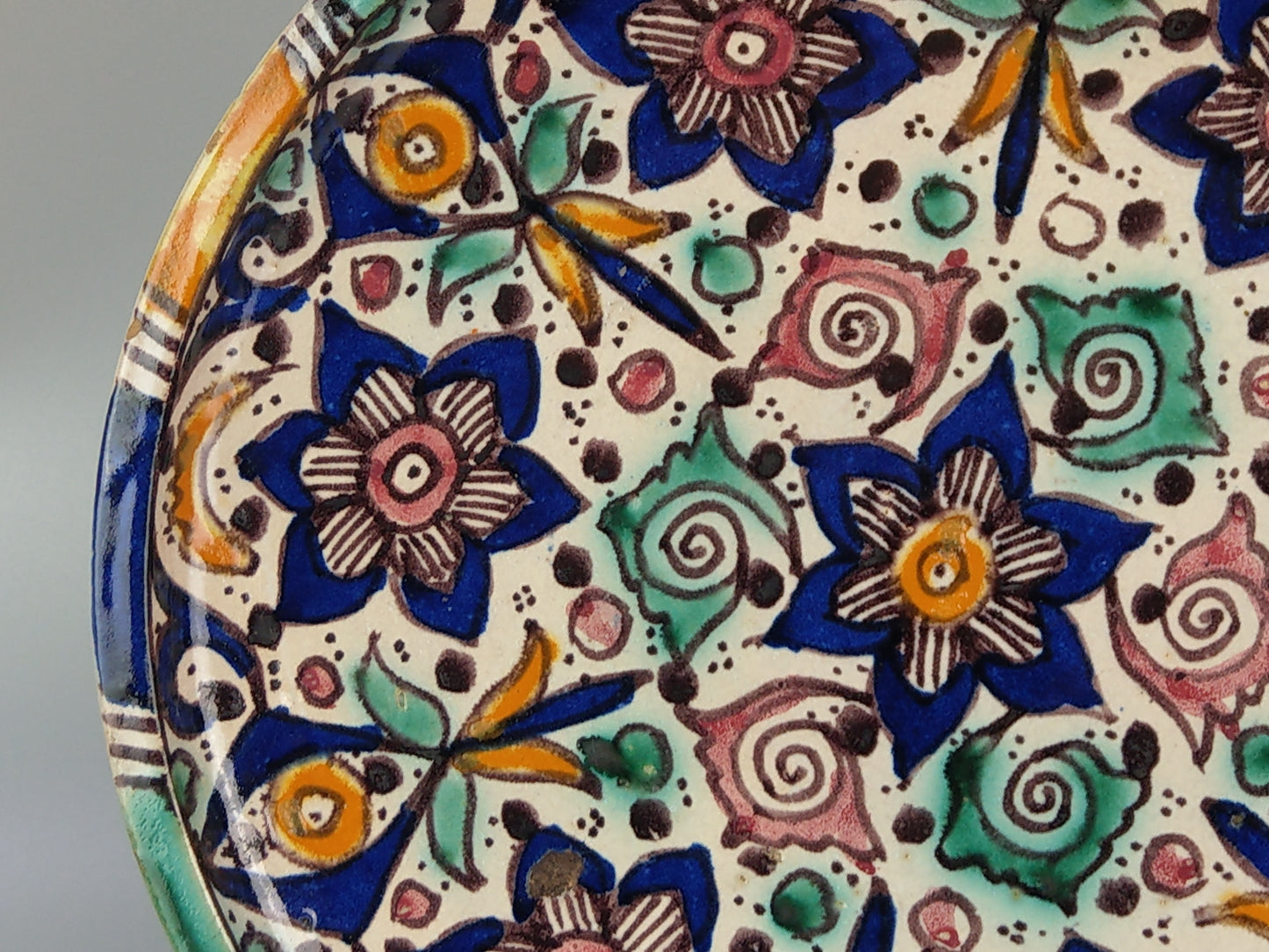 Antique Moroccan dish Floral Earthenware Enamelled signed Fez