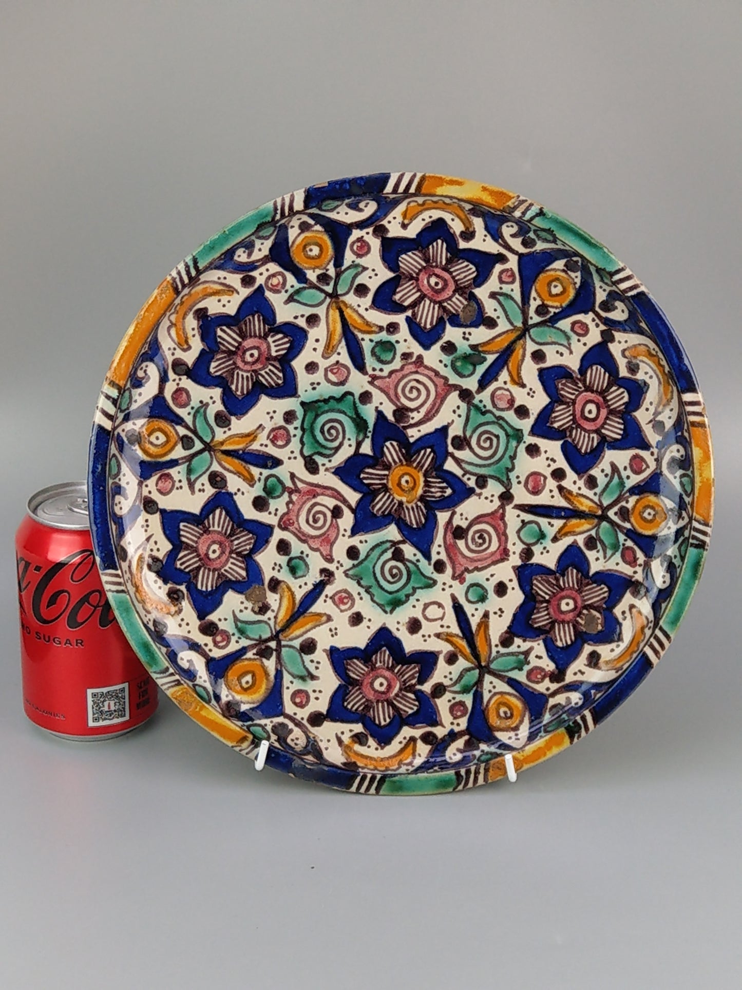 Antique Moroccan dish Floral Earthenware Enamelled signed Fez