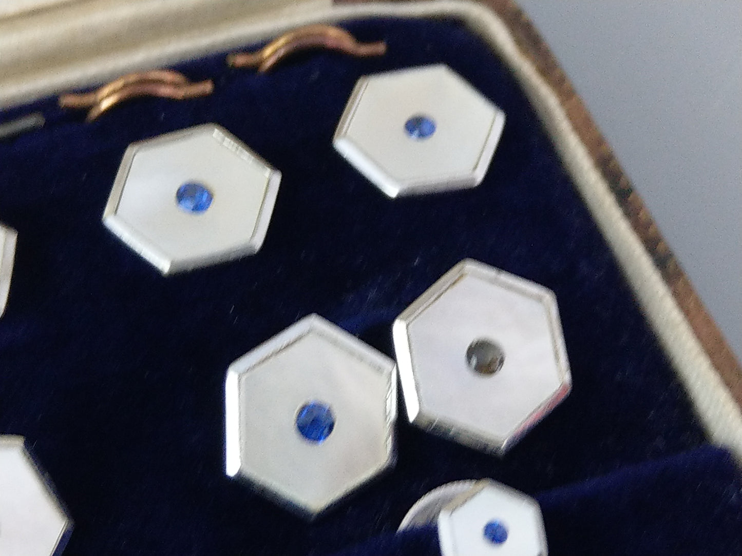 Art Deco Rectangle Silver mother of pearls with sapphires Cufflink and Buttons Dress Set