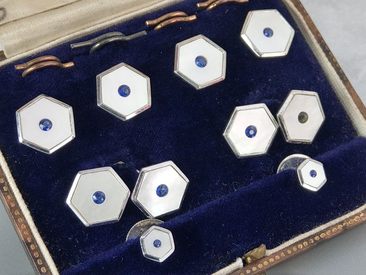 Art Deco Rectangle Silver mother of pearls with sapphires Cufflink and Buttons Dress Set