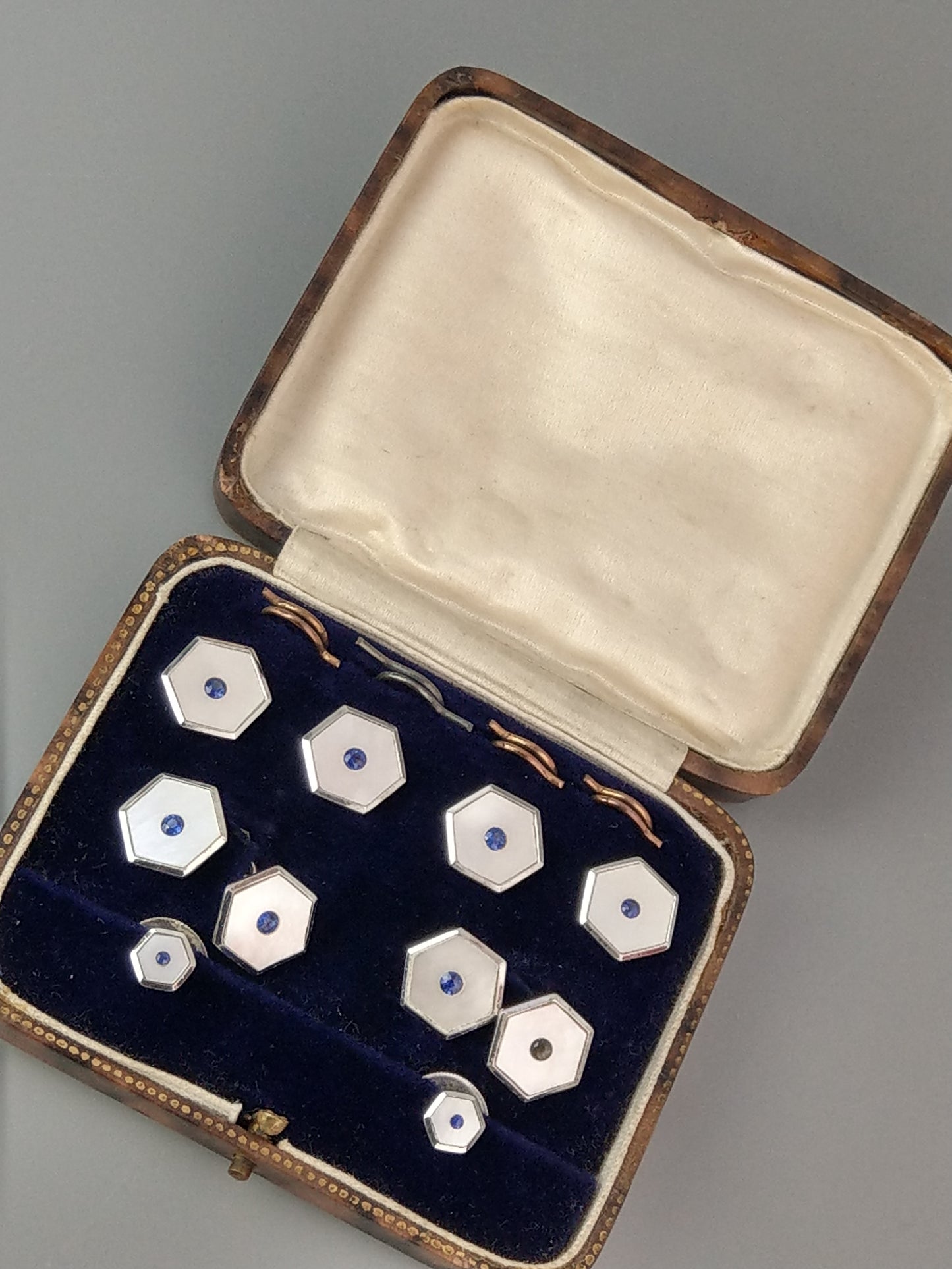 Art Deco Rectangle Silver mother of pearls with sapphires Cufflink and Buttons Dress Set