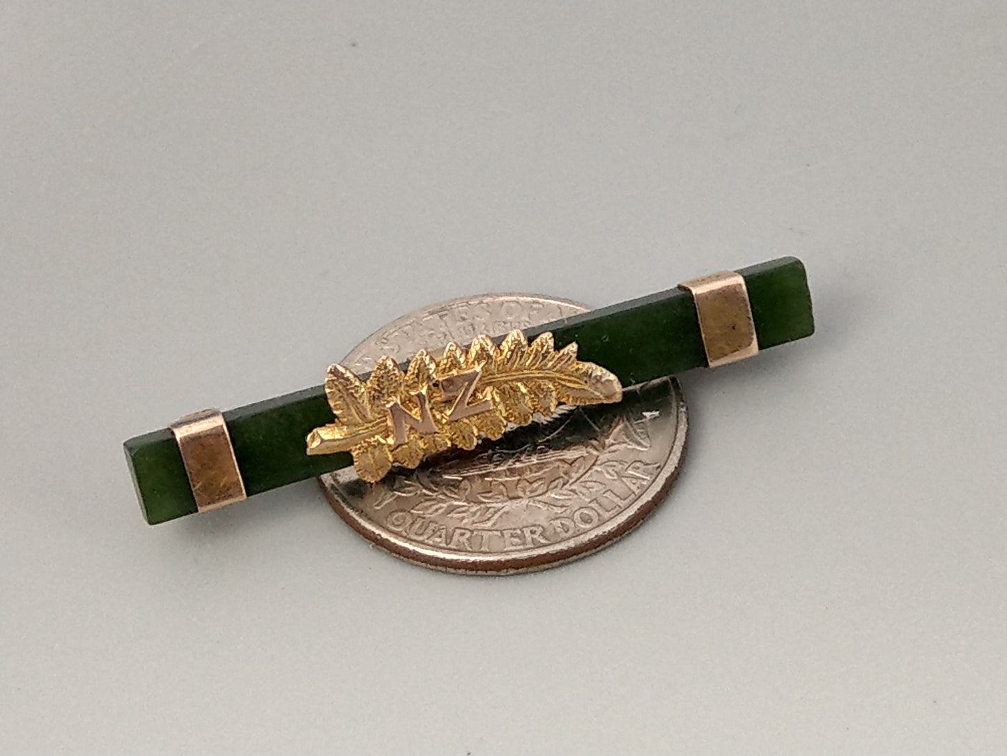 9ct gold New Zealand Jade bar Brooch with fern