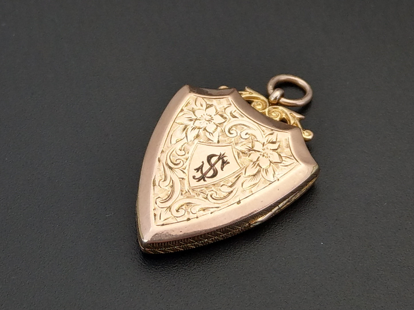 Prohibition Gems - Shield Shaped Gold Filled Locket Floral pattern Cartouche Initials SJ