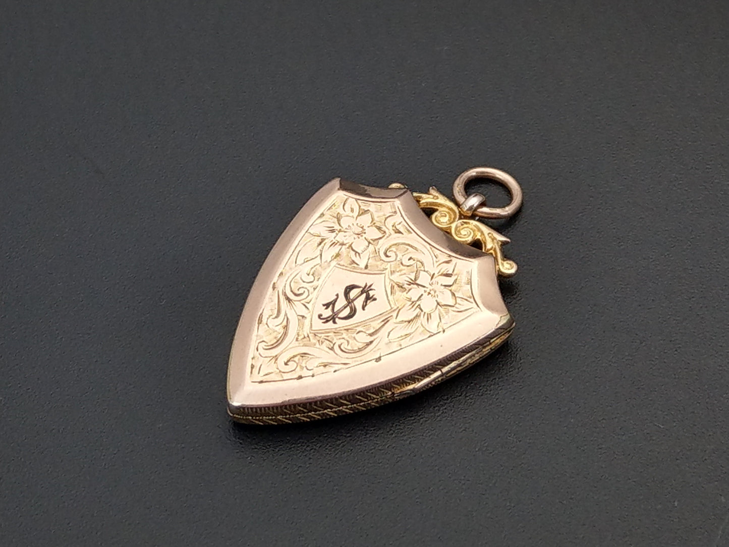 Shield Shaped Gold Filled Locket Floral pattern Cartouche Initials SJ