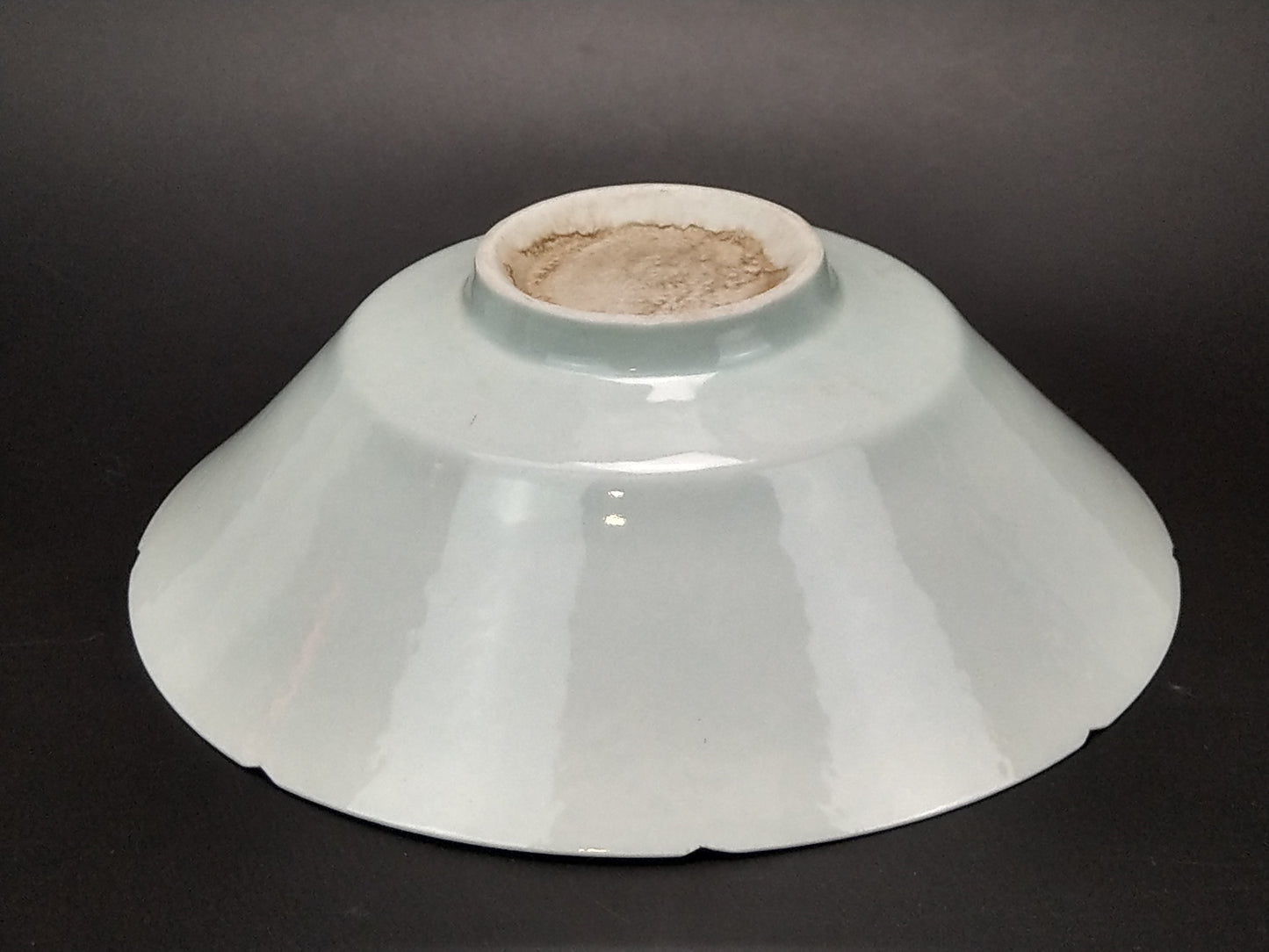 Chinese Qingbai conical porcelain bowl with duck egg blue glaze incised and foliate rim