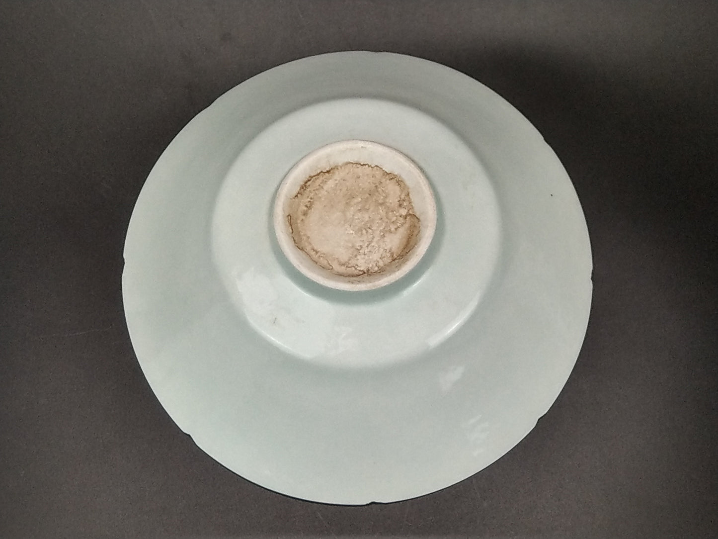 Chinese Qingbai conical porcelain bowl with duck egg blue glaze incised and foliate rim