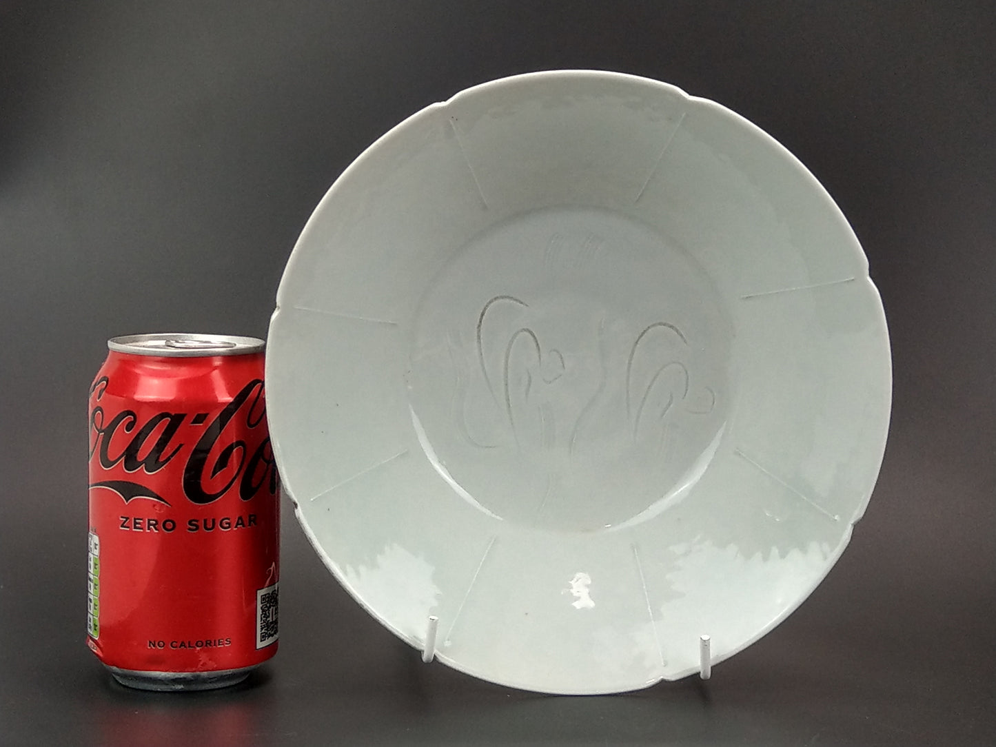 Chinese Qingbai conical porcelain bowl with duck egg blue glaze incised and foliate rim