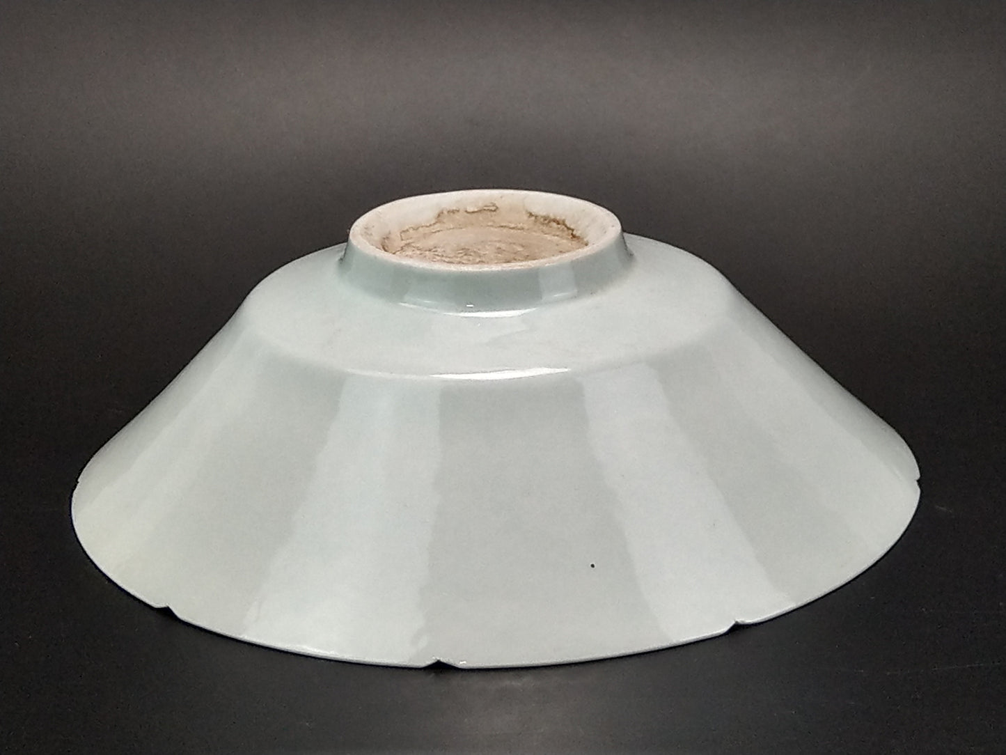 Chinese Qingbai conical porcelain bowl with duck egg blue glaze incised and foliate rim