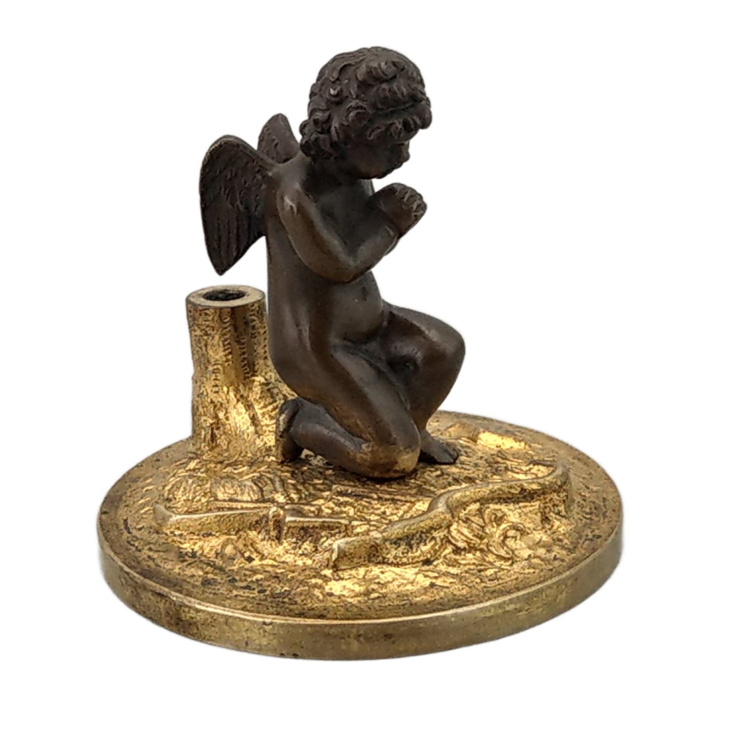 Antique Bronze Putto praying with a broken bow on a gold gild stand