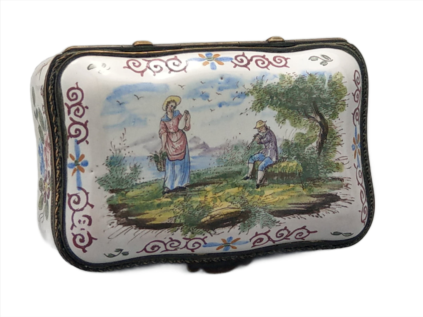 Antique French faience trinket box painted romantic scene c1780