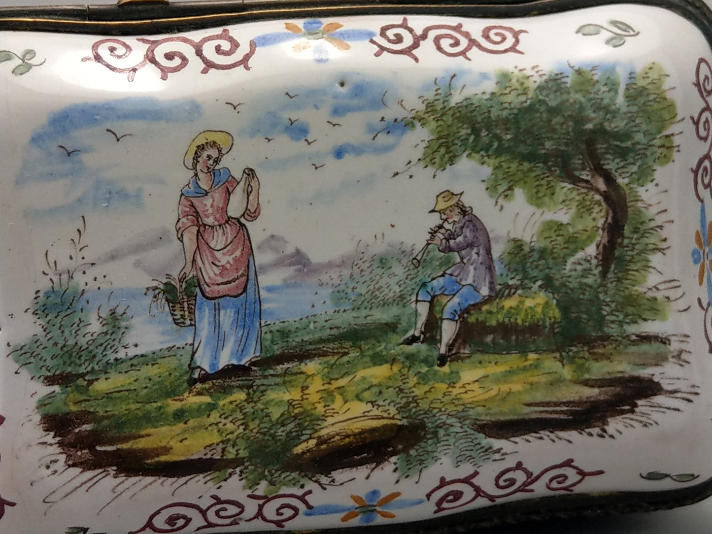 Antique French faience trinket box painted romantic scene c1780