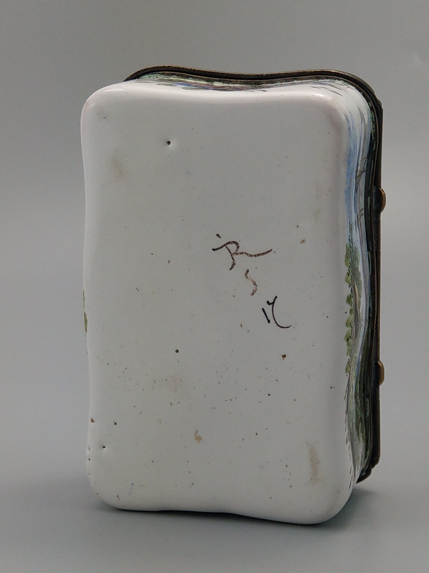 Antique French faience trinket box painted romantic scene c1780