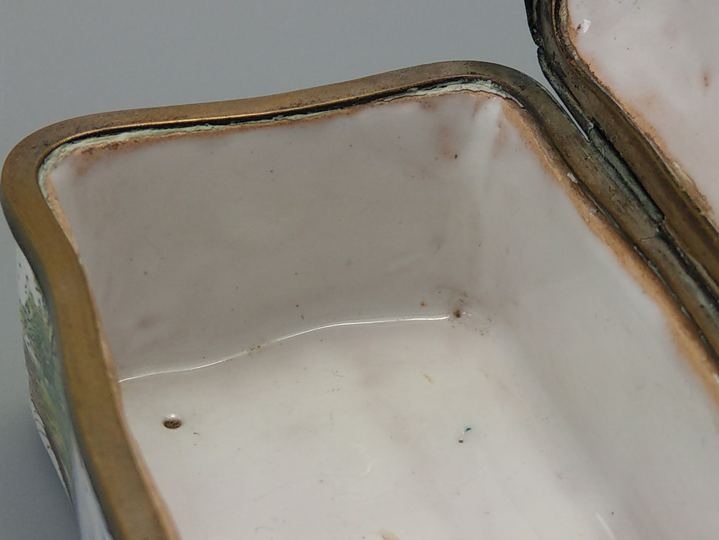 Antique French faience trinket box painted romantic scene c1780